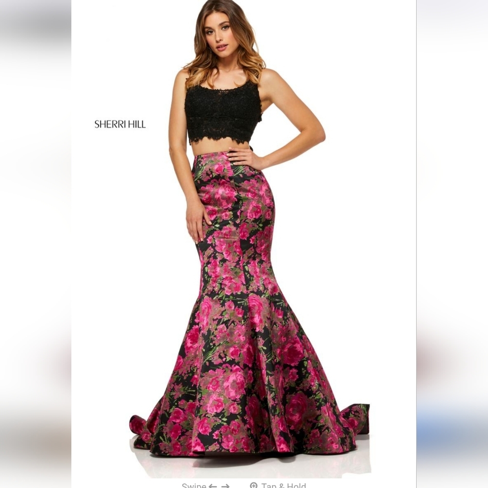 Sherri Hill Elegant Black and Pink Floral Gown